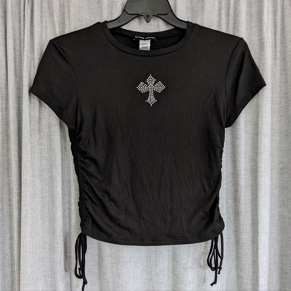 Perfectly Imperfect Top Women's M Y2K Black Rhinestone Ruched Sides Ribbed Goth